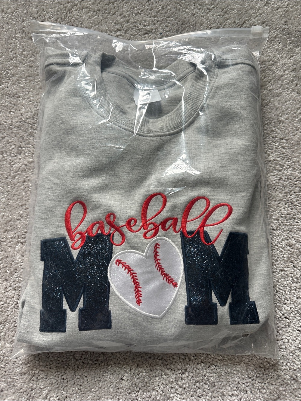 Baseball Mom Gray Sweatshirt with Navy Appliqué